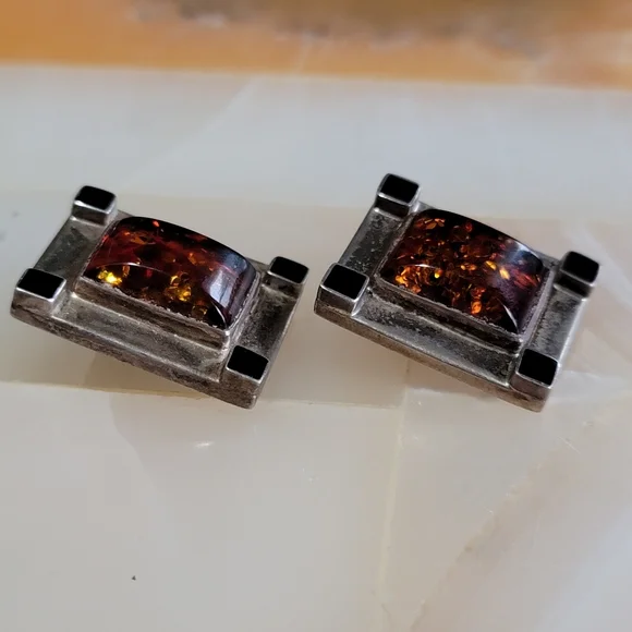 Sterling Silver Vintage LB Baltic Amber .925 Clip On Earrings - Picture 2 of 10